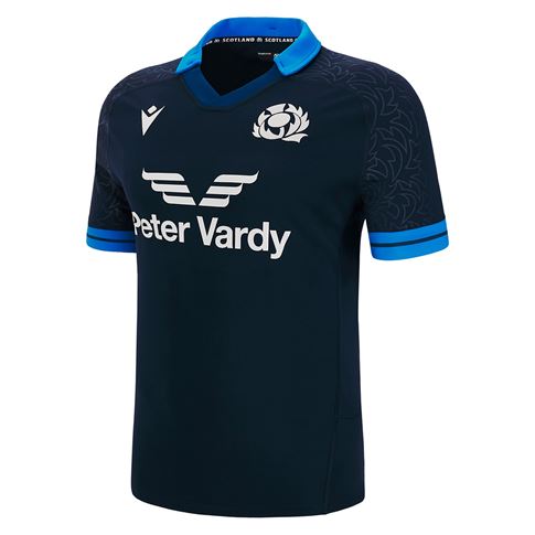 Scotland Mens Home Rugby Shirt - Short Sleeve Navy 2023 - Front Scotland Mens Home Rugby Shirt - Short Sleeve Navy 2023 - Front