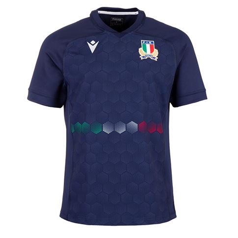 Italy Mens Training Rugby Shirt - Short Sleeve Navy 2023 - Front Italy Mens Training Rugby Shirt - Short Sleeve Navy 2023 - Front