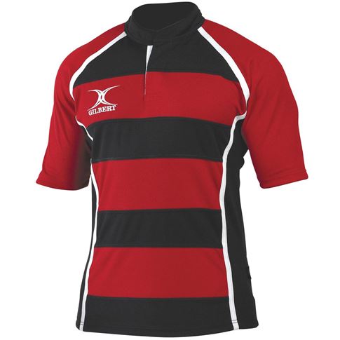 Gilbert Teamwear Xact Hooped Match Shirt Red/Black - Front Gilbert Teamwear Xact Hooped Match Shirt Red/Black - Front