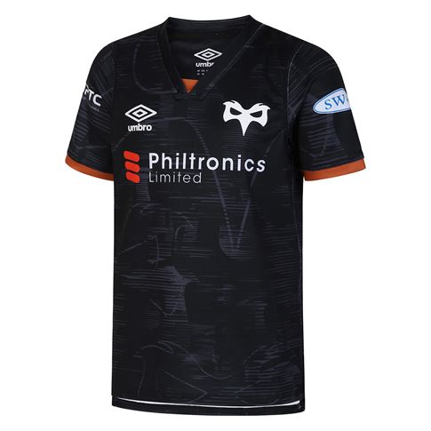 Ospreys Kids Home Rugby Shirt - Short Sleeve Black 2023 - Front Ospreys Kids Home Rugby Shirt - Short Sleeve Black 2023 - Front