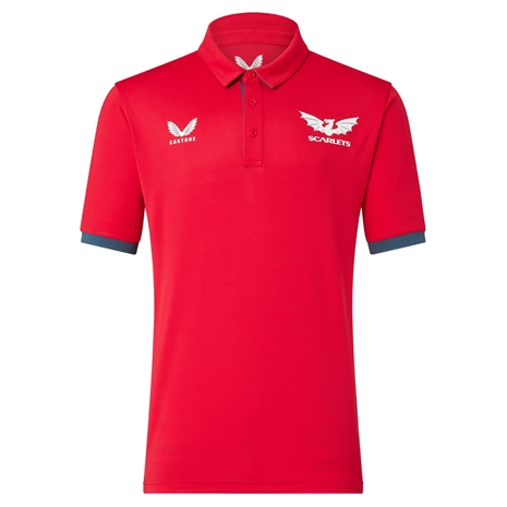 Scarlets Mens Limited Edition Media Polo - Red 2023 - Front Scarlets Mens Limited Edition Media Polo - Red 2023 - Front