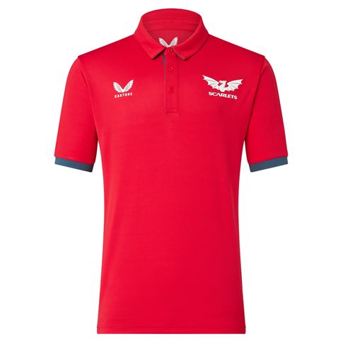 Scarlets Mens Limited Edition Media Polo - Red 2023 - Front Scarlets Mens Limited Edition Media Polo - Red 2023 - Front