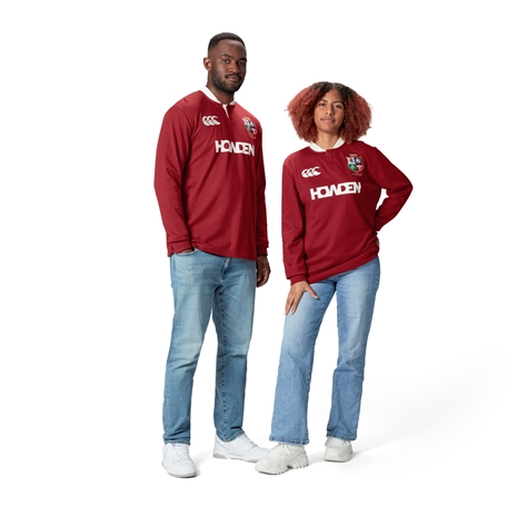 British and Irish Lions Adults Long Sleeve Classic Rugby Shirt - Red - Models Front
