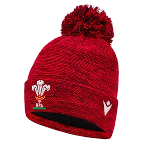 Wales Adults Pom Pom Beanie -Black Red 2025 - Front